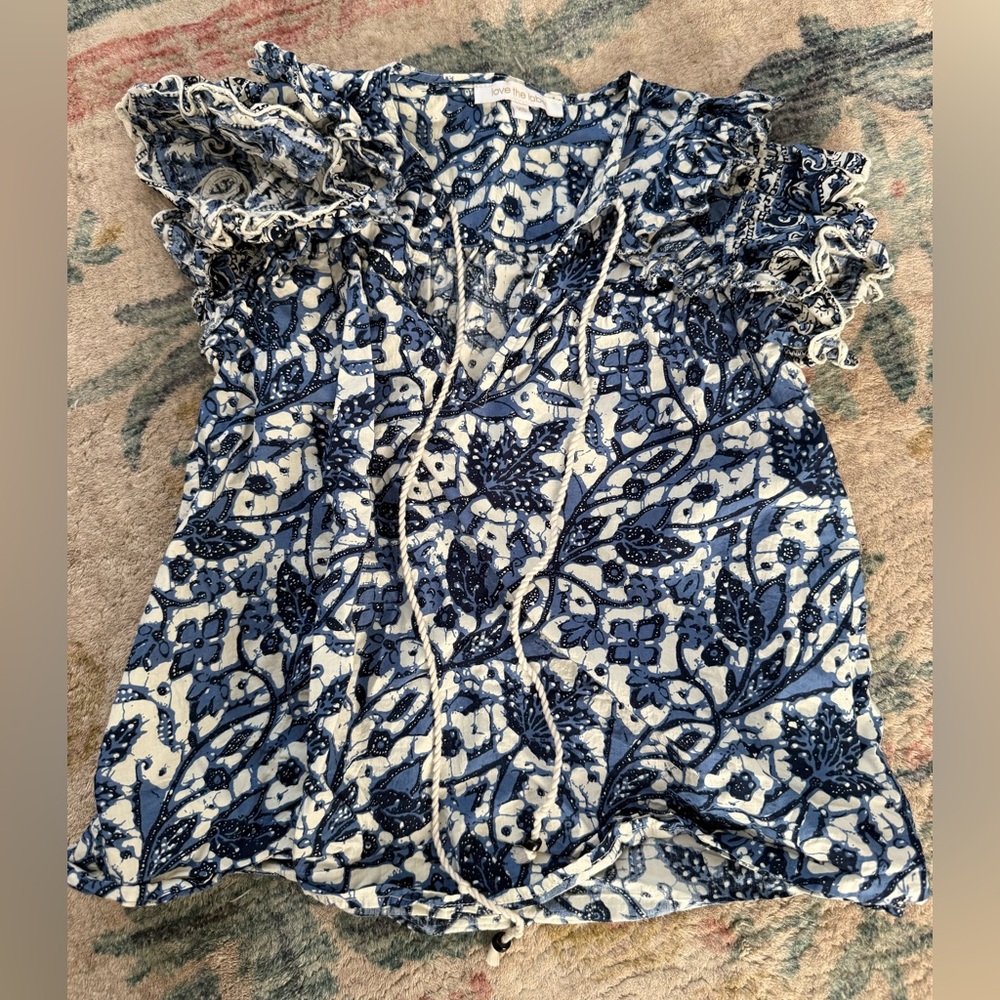 Anthropologie Love The Label Floral Blue and White Ruffle Blouse Top